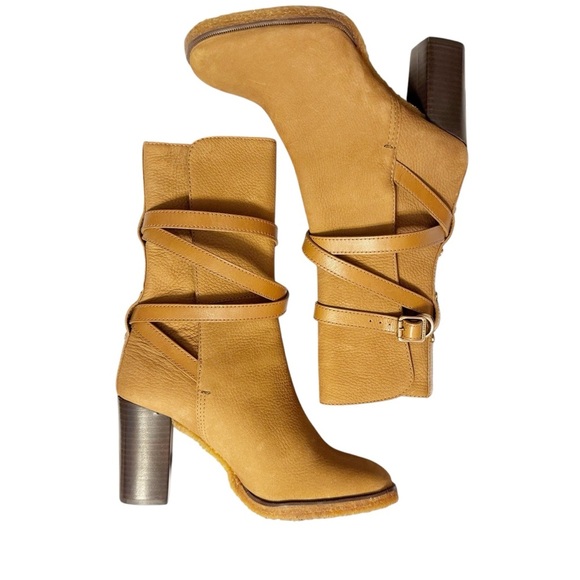 Tory Burch Jamie Camel Tan Suede Leather Wood Heeled Wrap Mid Calf Boot Size 8.5 - Picture 1 of 10